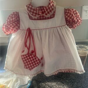 1960s-1970s Vintage Cradle Togs Red & White Gingham Apron Lace dress
